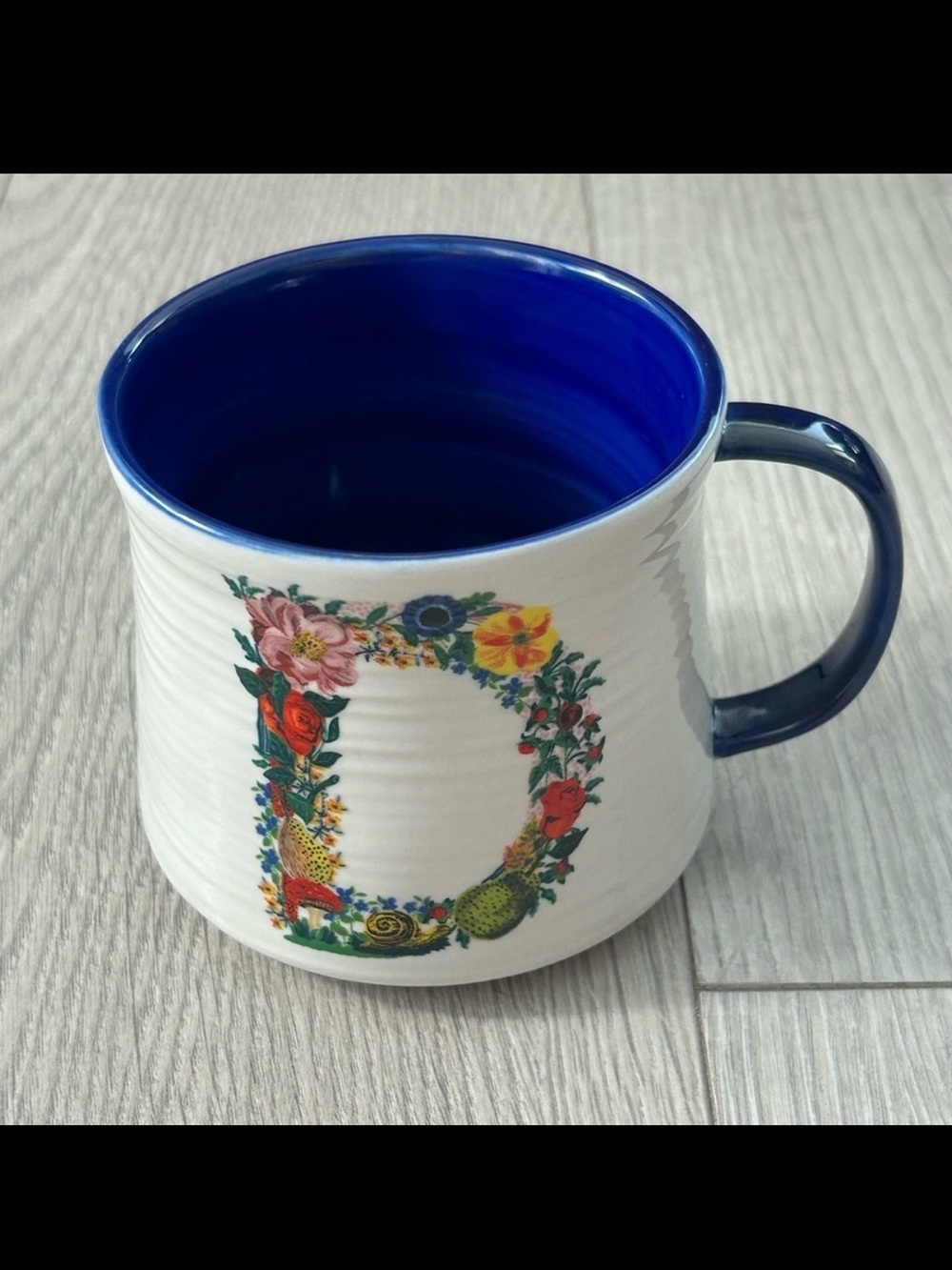 Anthropologie Nathalie Lete Monogram Initial D Cup Floral Cat Blue Mug